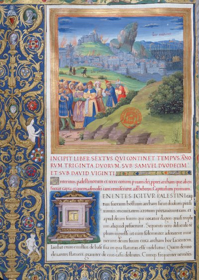 Ms. 1581 f. 108v Kuvitus kirjasta VI (Elin kuolemasta Saulin kuolemaan), Flavius Josephuksen juutalaisten antiikin (Antiquitates Judaicae) luvusta 1 - Tuho, joka tapahtui tekijältä French School