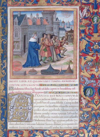 Ms. 1581 f. 228 Kuvitus kirjasta XII (Aleksanteri Suuren kuolemasta Juudas Makkabeuksen kuolemaan), luvusta 1 juutalaisten antiikin (Antiquitates Judaicae) kirjoittaja Flavius Josephu tekijältä French School