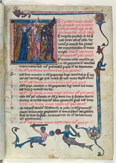 Ms 16261 fol.13v St. Genevieve taistelee demonia vastaan enkelin avulla, Censier de lAbbaye Sainte-Genevieve tekijältä French School
