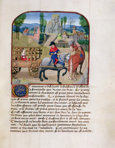 Ms 165 fol.46r Nainen katetussa kärryssä, jota vetää kaksi hevosta, Rene d