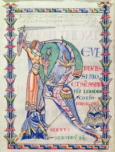 Ms 168 f.4v Historioitu alkukirjain R, joka kuvaa ritaria taistelemassa lohikäärmettä vastaan. Paavi Gregorius Suuren teoksesta Moralia in Job tekijältä French School