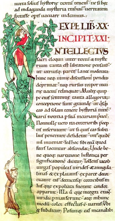 Ms 173 f.41 Historioitu alkukirjain I, joka kuvaa munkkia ja maallikkoa hakkaamassa ja karsimassa puuta. Paavi Gregorius Suuren Moralia in Job tekijältä French School
