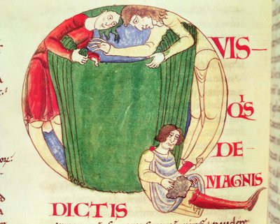 Ms 173 fol.92v Historisoitu ensimmäinen Q, joka kuvaa verhoja, Moralia in Job, paavi Gregorius Suuren burgundilainen koulu tekijältä French School