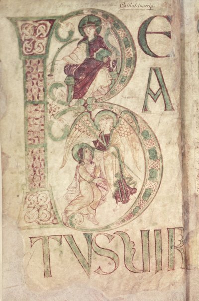 Ms 18 f.1v Historioitu alkukirjain B, joka kuvaa Pyhää Johannesta evankelistaa ja enkeliä Corbie-psalterista tekijältä French School