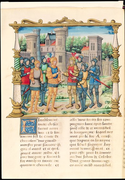 Ms 18 f.32v Conflansin sopimus Ludvig XI:n ja Kaarle Rohkean, Burgundin herttuan välillä, lokakuu 1465, Philippe of Comminesin muistelmista (1445-1509) tekijältä French School