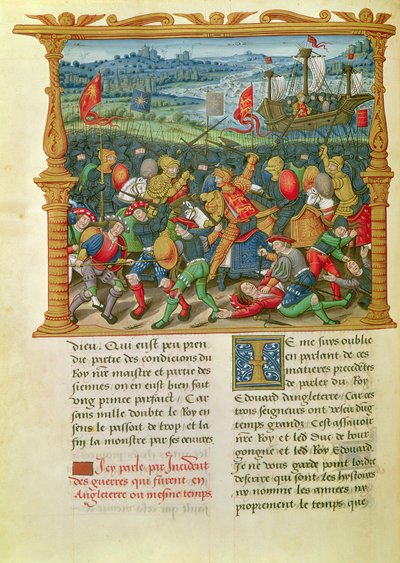 Ms 18 f.73v Kuningas Edward III käy sotaa Crecyn taistelussa vuonna 1346, Philippe of Comminesin (1445-1509) muistelmista tekijältä French School