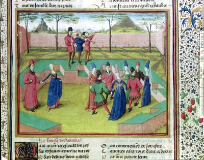Ms 19153 f.7 Carole in the Orchard, kuvitus Jean de Meungin Le Roman de la Rosesta, n. 1460 tekijältä French School