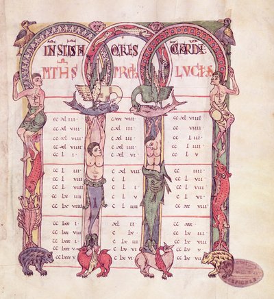 Ms. 1 Evankelistien Canon-pöydät, jotka on koristeltu fantastisilla eläimillä, Saint-Michel-de-Cuxan evankeliumista, n. 1070-1130 tekijältä French School