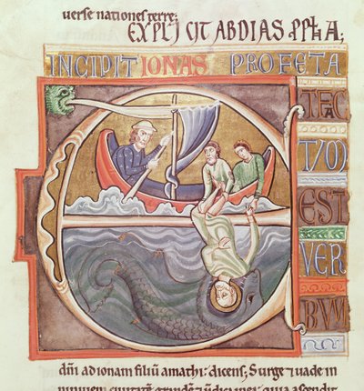 Ms 1 Fol.196v Historioitu alkukirjain E, joka kuvaa Jonaa mereen heitettynä, Souvignyn Raamatusta, 1100-luvun loppu tekijältä French School
