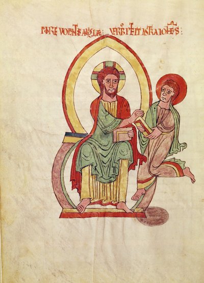 Ms. 1 Fol 111v Saint John juoksee vastaanottamaan evankeliumin Kristukselta, istuu mandorlassa, miniatyyri Saint-Michel-de-Cuxan evankeliumista, n. 1070-1130 tekijältä French School