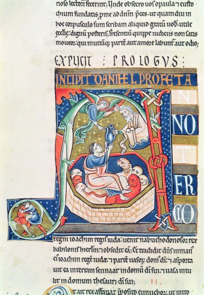 Ms 1 fol.185v Historioitu alkukirjain A, joka kuvaa Danielia Lions luolassa, Souvignyn Raamatusta tekijältä French School