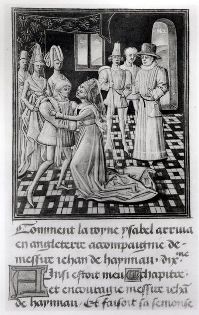 Ms. 1 fol. 6 v. Isabella Ranskasta, Englannin kuningatar, jättää Hainaut
