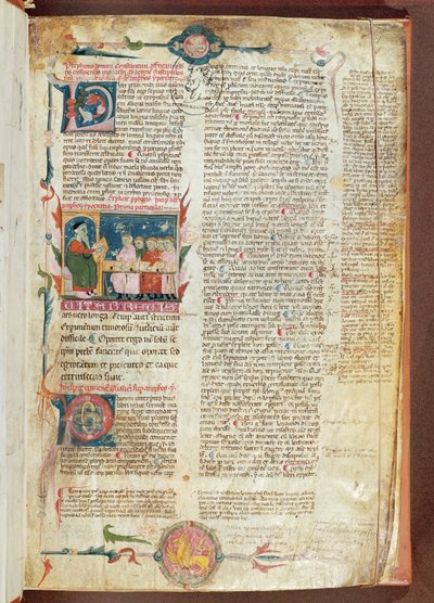 Ms. 2046 fol. 1 Opetuskohtaus, ensimmäinen sivu Hippokrateen Aforismit ja Galenuksen kommentit tekijältä French School