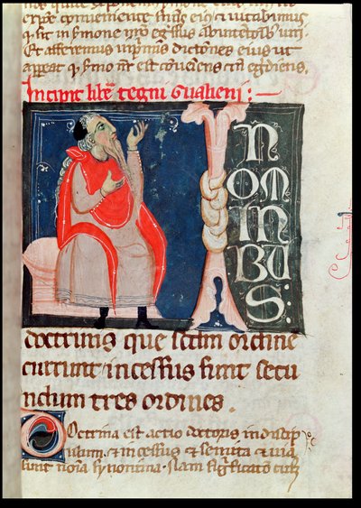 Ms. 2046 fol. 261 A Scientist, kuvitus Aliben Rhodonanin kommenttien alussa Galenin Ars Parvasta (n. 130–201) tekijältä French School