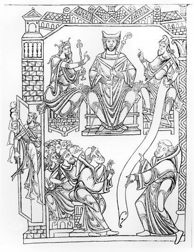 Ms 210 fol 19v. Mont Saint-Michelin kartulaari: Normandian herttua Richard II lahjoittaa maa-alueita ja etuoikeuksia Mont St. Michelin luostarille (kaiverrus 1150-luvun piirustuksen jälkeen) tekijältä French School