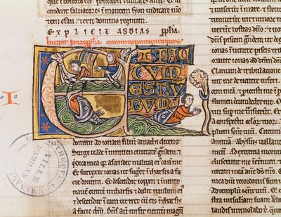 Ms 21 Fol.163v Historioitu alkukirjain E, joka kuvaa Joonan heittämistä mereen, määrittelemättömästä Raamatusta tekijältä French School