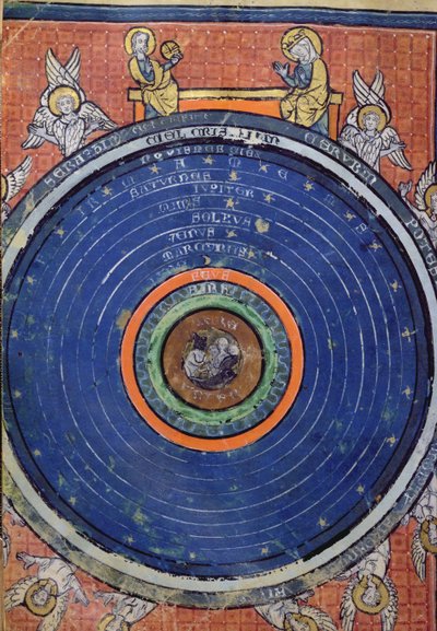 Ms 2200 f.115v. Maailma, Aristoteleen mukaan, miniatyyri Guillaume de Conchesin De Philosophia Mundista (1100-54) 1276-77 tekijältä French School