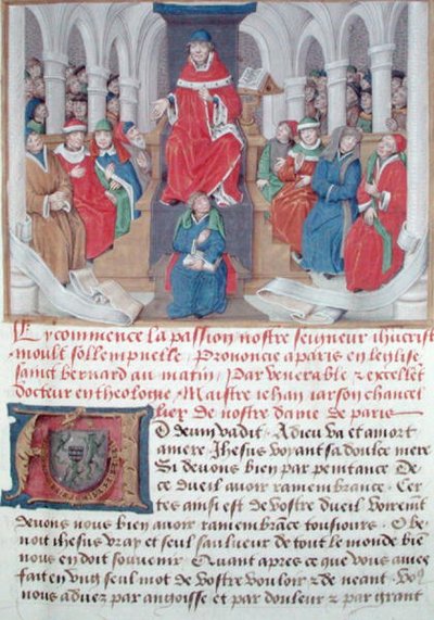 Ms 230 fol.1 Jean de Gerson (1363-1429) saarnaa Passion aamulla Pyhän Bernardin kirkossa Pariisissa, Sermons sur la Passion et Traites Diversista, n. 1480 tekijältä French School