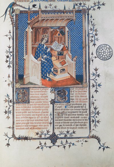 Ms 24287 fol. 2r Kaarle V, Viisas, Ranskan kuningas, John of Salisburysta, Polycraticus, kääntänyt Denis Foulechatis, n. 1372 (vellum) tekijältä French School