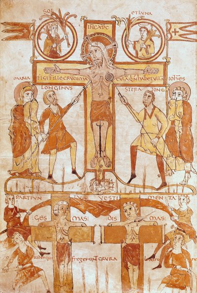 Ms 24 fol.7v Ristiinnaulitseminen ja Vapahtajan vaatteiden jakaminen evankeliumista tekijältä French School
