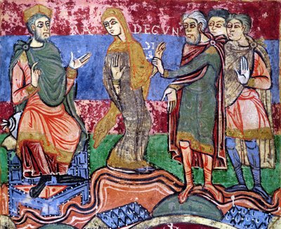 Ms 250 f.24r St. Radegund (518-87) johti ennen Clothar I:tä (497-561) St. Radegundin elämästä tekijältä French School