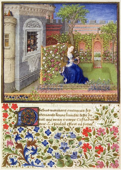 Ms 2617 Emilia puutarhassaan, levy 22, La Teseida, Giovanni Boccaccio (1313-75), 1340-41 tekijältä French School