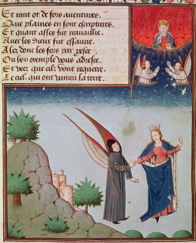 Ms 3045 fol.94r Lady Philosophy johdattaa Boethiuksen lentämään taivaalle siivillä, jotka hän on antanut hänelle; Isä Jumala katsoo siunauksena tekijältä French School