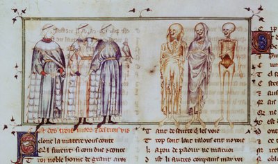 Ms 3142 fol.311r Tarina kolmesta elävästä miehestä ja kolmesta kuolleesta, julkaisusta Recueil de Poesies Francaises, n. 1280-1290 tekijältä French School