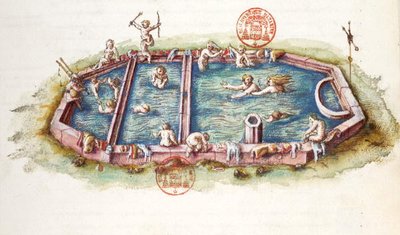 Ms 3243 The Baths of Nerys at Neris-les-Bains, kuva Nicolas de Nicolayn teoksesta General Description du Bourbonnais tekijältä French School