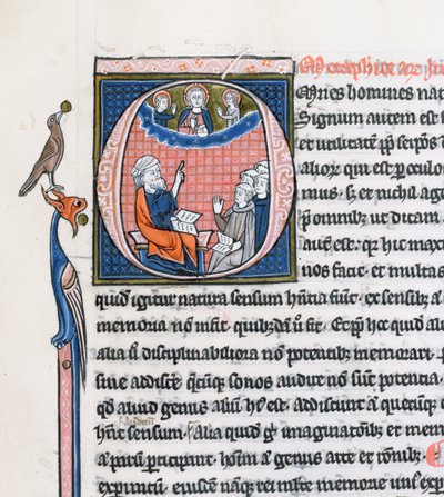 Ms 3458, historiallinen alkukirjain O, joka kuvaa antiikin kreikkalaista filosofia Aristotelesta, opettaa ryhmälle pappeja Länsi-Euroopasta ja osoittaa ylöspäin kohti Jumalaa taivaissa (kynä & muste ja tempera tekijältä French School