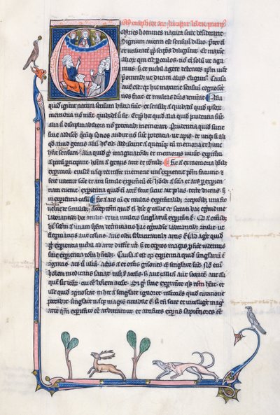 Ms 3458, historiallinen alkukirjain O, joka kuvaa antiikin kreikkalaista filosofia Aristotelesta, opettaa ryhmälle pappeja Länsi-Euroopasta ja osoittaa ylöspäin kohti Jumalaa taivaissa (kynä & muste ja tempera tekijältä French School