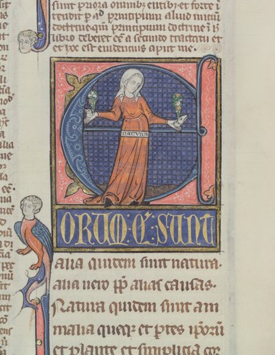 Ms 3469 Historioitunut alkukirjain E, jossa on luontoesitys, Aristoteleen (384-322 eKr.) fysiikasta (kynä, muste ja tempera perunakalvolla) tekijältä French School