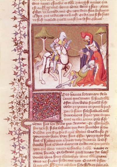 Ms 3479 fol.516 Ja niin hän veti keihään kuolevasta ritarista, Livre de Messire Lancelot du Lacista tekijältä French School