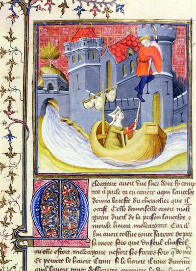 Ms 3480 ritari pakenee linnasta naisen avulla, Livre de Messire Lancelot du Lacista tekijältä French School