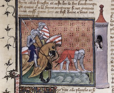 Ms 3480 fol.77 Lancelot Crossing the Sword Bridge, Sir Lancelot du Lacin kirjasta tekijältä French School