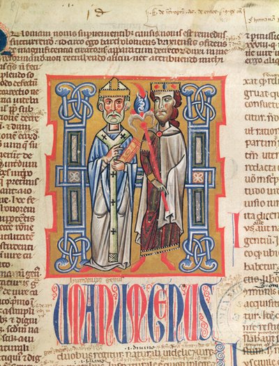 Ms 354 fol.9 Pienoiskuva piispan ja kuninkaan Decretum Gratianista, 1300-luku tekijältä French School