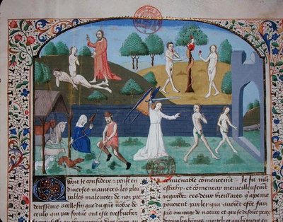 Ms 3878 Eevan luominen, Aatamin ja Eevan kiusaaminen ja karkottaminen, Giovanni Boccaccion (1313-75) teoksesta "Des cases des nobles hommes et femmes" (pergamentti). tekijältä French School