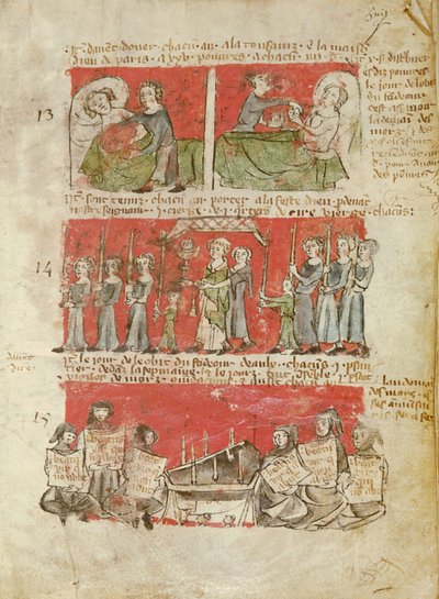 Ms 406 fol.6 Kohtauksia College of Hubantin tai Ave Marian opiskelijoiden elämästä, College of Hubantin perussäännöstä, Pariisi, 1387 tekijältä French School