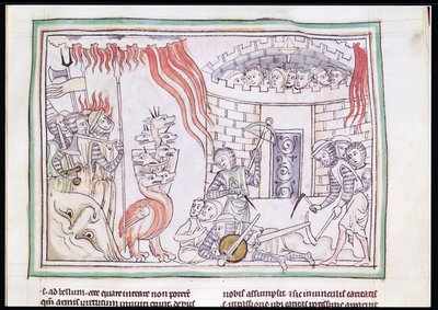 Ms 422 Fol.95r Taivaallinen tuli, joka tuhoaa Saatanan armeijan, kohtaus Apokalypsista tekijältä French School