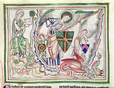 Ms 422 fol.47v St. Michael tappamassa lohikäärmettä, Apokalypsista tekijältä French School