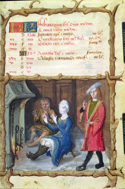 Ms 438 Helmikuun kuukausi: Lämmittelyä tulisijan edessä, Tuntikirjasta, 1490 tekijältä French School