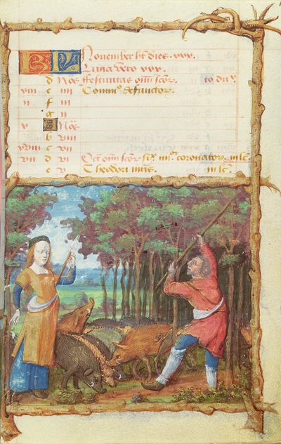Ms 438 Marraskuu: Tammmenterhojen kerääminen, tuntikirjasta, 1490 tekijältä French School