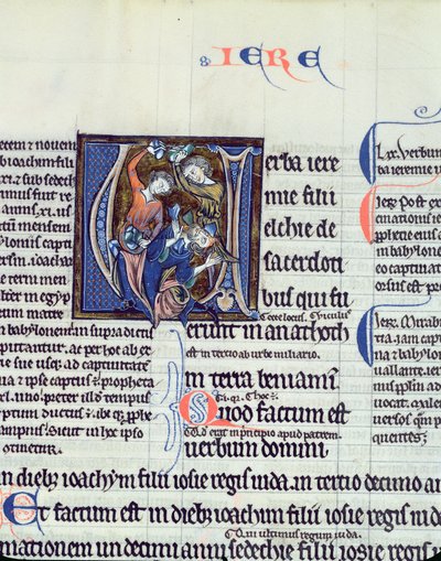 Ms 48 fol.95v Historioitu alkukirjain V, joka kuvaa profeetta Jeremian kivittämistä tekijältä French School