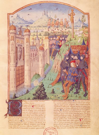 Ms 493 fol.1r The Works of Vergilius ja Serviuksen kommentit, The Bucolics, kuningas istuu valtaistuimellaan vartijoidensa ympäröimänä linnoituksen kaupungin edessä, Ranska, 1469 tekijältä French School