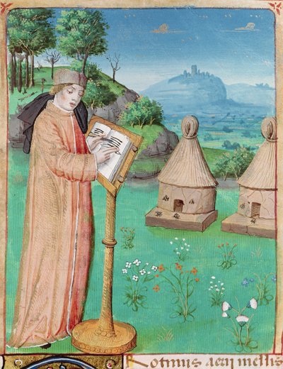 Ms 493 fol.45 Vergilius (70-19eKr.) kirjoittamassa mehiläisten elämää, Vergiliuksen teoksesta The Georgics ja Serviuksen kommentit, 1469 tekijältä French School