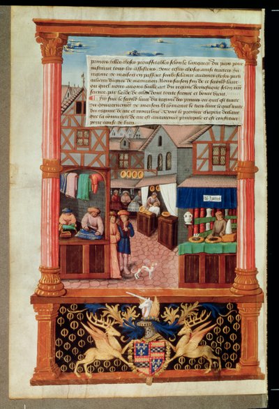 Ms 5062 fol.149v Katu, jolla on kauppoja ja Robert Stuartin, dAubigny Lucrecen marsalkka, vaakuna Gilles de Romen Livre de Gouvernement des Princesistä tekijältä French School