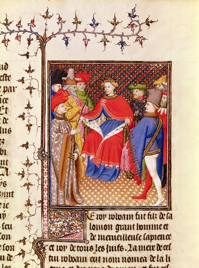Ms 5193 Fol.52r Rosane vastaa kansan lähettiläille Giovanni Boccaccion (1313-75) n. 1410 De Casibus virorum illustrariumin Jean Sans Peur -painoksesta. tekijältä French School