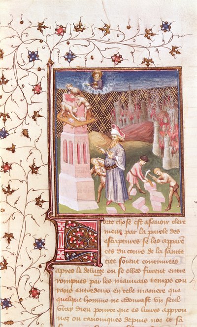 Ms 55 t f.111v Nimrod, joka valvoo Baabelin tornin rakentamista, St. Augustinuksen teoksesta La Cite de Dieu, kääntänyt Raoul de Presles (1316-82) n. 1400-50 tekijältä French School