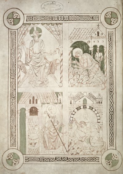 Ms 616 f.1v Pyhä Augustinus Kristuksen ja kirjanoppijan jaloissa Alardus tarjoaa kirjansa St. Vaastiin, Pyhän Augustinuksen Confessionsin etukappale tekijältä French School