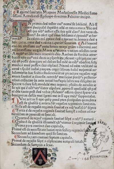 Ms 6310 Ensimmäinen sivu Regimen Sanitatisista, 1483 tekijältä French School